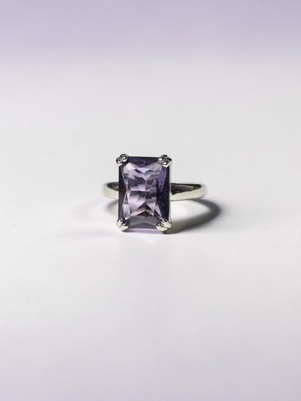 Elegant Radiant Cut Rectangular Purple Solitaire CZ Ring - Size 7